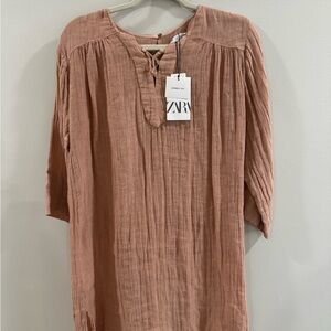 Zara Pink Tunic Dress with V-Neck and 3/4 Sleeves